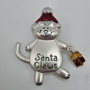 VINTAGE Christmas Cat Santa Claws Silver Tone Dangle Present Glitter Brooch Pin